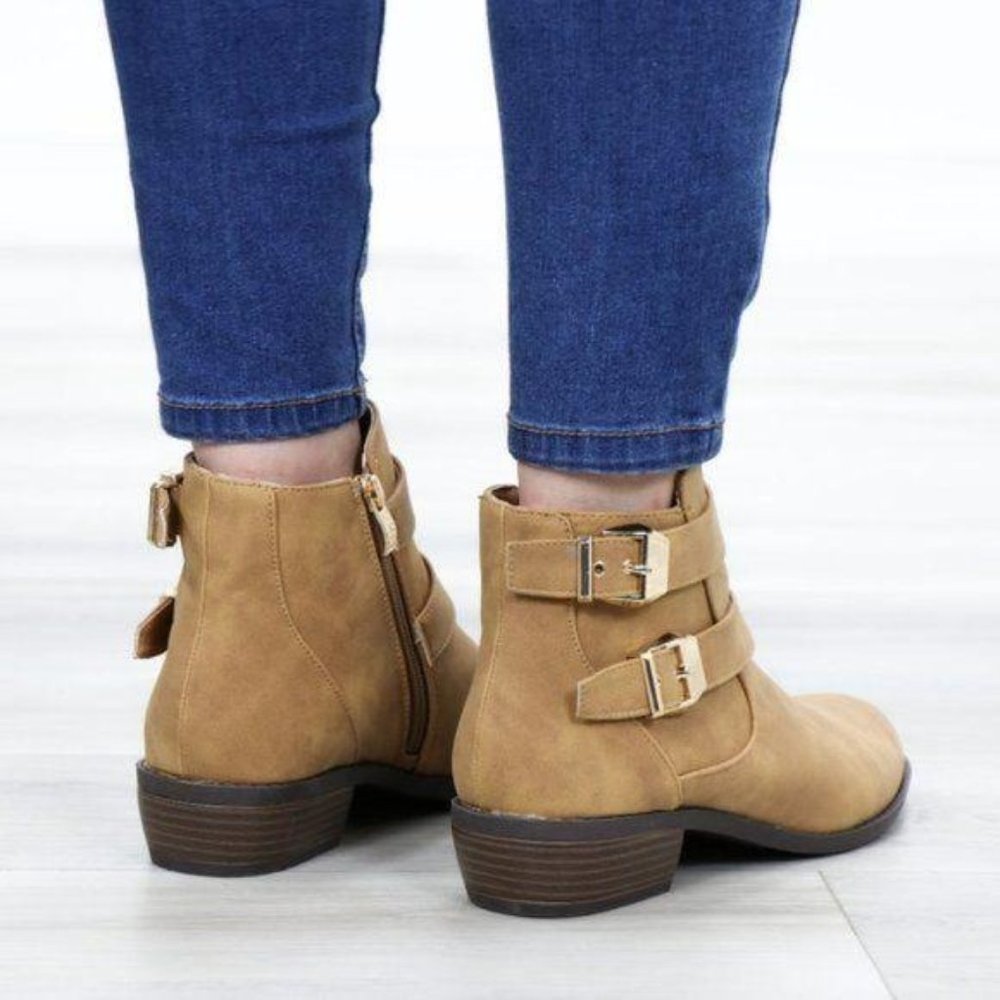 Vegan Nubuck Chestnut Color Ankle Boots Gold Acces - Picture 3 of 9